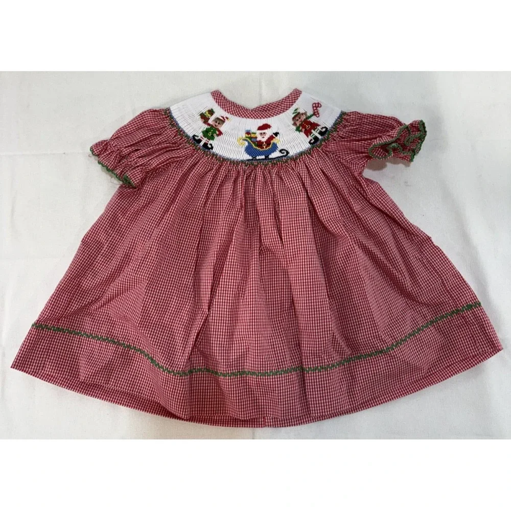 Southern Smocked Holiday Christmas Red/White Dress Santa & Elves Size 6 Months
